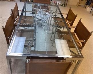 30% OFF  FANTASTIC  Baughman Mid Century Modern chrome and beveled glass table w/1 leaf and 6 chrome and leather chairs 