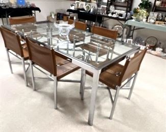 30% OFF FANTASTIC Baughman  Mid Century Modern chrome and beveled glass table w/1 leaf and 6 chrome and leather chairs 