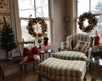Beautiful, comfortable French Country arm-chair and ottoman in green/ivory plaid. Excellent condition byPearson. $800.