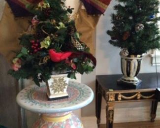 Mackenzie Childs ceramic table, table base, or gear den stool. Beautiful and versatile, this hand-made art piece can be used as an extra table or seating. Now $400. 2 available.