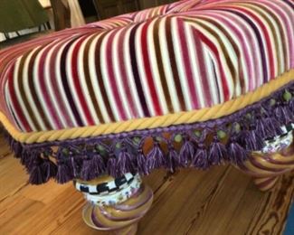 Hard to find MacKenzie Childs large setting seat/ ottoman with velvet striped upholstery (paradise pattern) and ceramic legs. Handmade in Aurora New York, Excellent condition. Asking $1500,