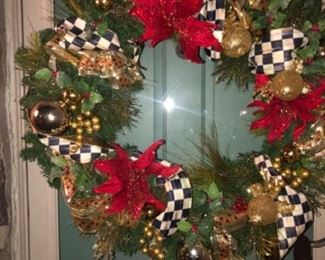 Beautiful, 30” custom wreath with Mackenzie Childs ribbon, red and gold berries, and poinsettias. Now $100.