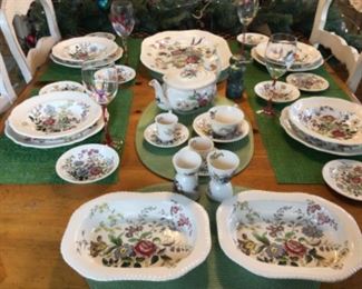 Spode “Romney” china. Six place-settings include dinner, lg. rimmed soup, fruit, b&b, and Demi coffee &saucer. Plus additional dishes, open vegetable bowls,large serving platter, egg cups and teapot,