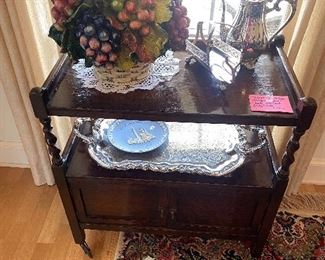 English oak antique tea cart with cabinet