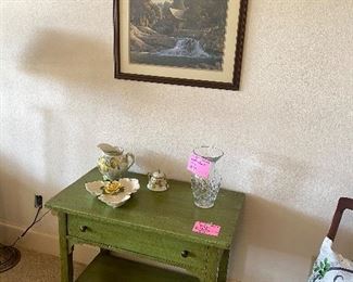 Green antique table with drawer