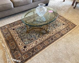 Rug, oval glass/brass coffee table with matching end table
