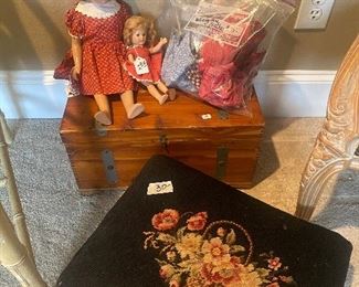 Wendy Anne Doll, vintage 1930's-1940's doll clothes, cedar toy box, Needle point foot stool.