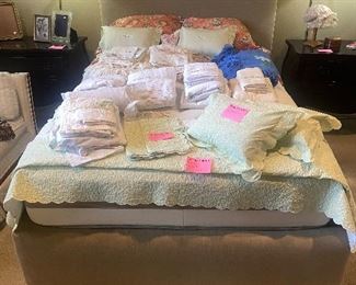 Potter Barn Bed with newer full size mattress, linens, crochet, tatting