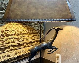 Bronze Stag Lamp with Leather Shade, Marble Base, Marked M.S.