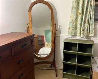 Standing oak mirror, cute cubby shelf