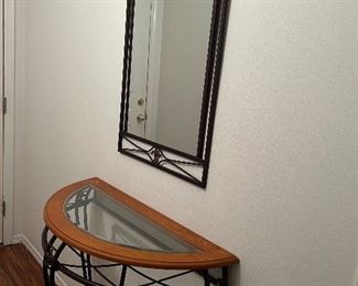 Curved front entry table and wall mirror