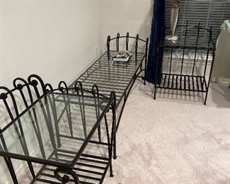 Art deco iron base and glass top coffee table and matching end tables