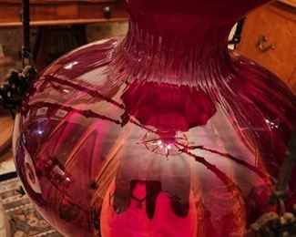 Beautiful Hanging Oil Lamp with Ruby Glass Shade- All Original