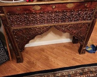 Superb Asian Wall Table. Teak Wood and Brass Mounts