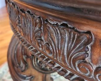 Carved Round Foyer Table with Metal Inlay 