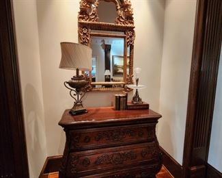 Magnificent Double Frame Arch Gilt Mirror and Hekman Loire Valley Bombe Chest