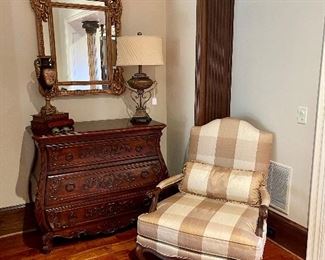 CR Laine  Silk Bergere Chair and Heckman Loire Valley Bombe Chest