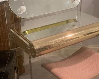 PRE-SALE ITEM! Vintage brass and lighted  Lucite vanity with stool - really fun!   $495 + tax