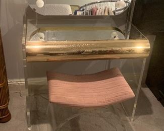 PRE-SALE ITEM! Vintage brass and lighted  Lucite vanity with stool - really fun!   $495 + tax