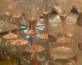 Vintage Grey Goose Vodka Martini Glasses with SilverPlated Leaf Stems and Hand Blown Glass
