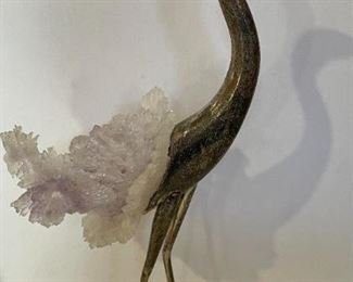 Bronze Heron with Amethyst crystal feathers