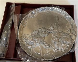 Pewter bunny plate and utensil