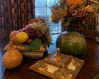 Ceramic Pitcher and Gilded Box with Faux Fruits and Flowers