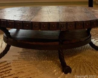 Large Round Rustic Coffee Table with Iron Rope Legs