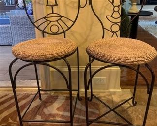 Pair of Iron Figurative Bar Stools with Rush Cushions