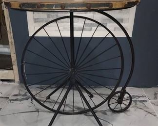 Rustic Plank Top Round Table with Wheel Base