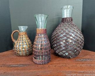 Trio of Rattan Wrapped Glass Lot