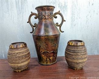 Twine Wrapped Barrel Styled Candle Holders and Double Handle Metal Vase