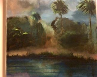 Oil signed large painting with palms
