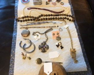 Beautiful vintage jewelry, old basket, sterling enamel salt & pepper, pretties!  