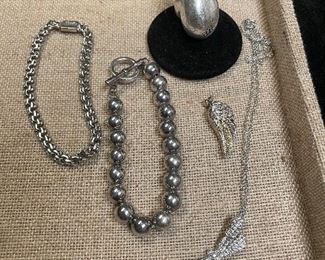  all sterling pendants and bracelets-  beaded bracelet signed milor italy-$39, the other sterling bracelet-mexico-$34, sterlingw/ stones dragonfly necklace-$39-they may have real diamonds-we don't know  but its sterling for sure , solid sterling wing pendant$24,