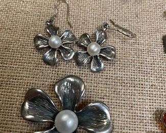 925 silver flower pendant w/ pearl  -$35 earrings $25  pendant is heavy -good weight on it  - 925 pearl ring $25