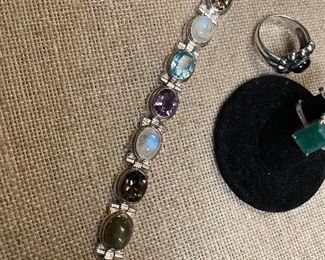 sterling 925 bracelet w/ amethyst -moonstone -and blue topaz stones- lobster clasp $59