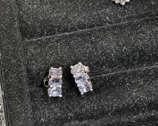  925 small 3 stone maybe tanzanite or blue stud earrings $18