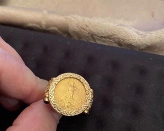liberty gold coin ring-size 6.72-7  w/ cabochons  just fabulous coin ring $595 