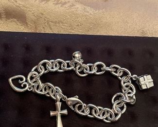 like new james avery sterling heavy link bracelet  w/ 4 avery charms - present-cross- jingle bell  and mothers love- $275 for all  just polished at avery store mint