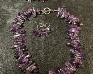  sold as set only -amethyst necklace -earrings and bracelet- silver clasps- heavy -statement jewelry for the right person   $89 for all !!