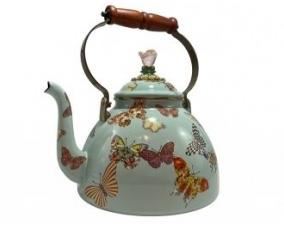 Mackenzie Childs Blue Butterfly Tea Kettle With Crystal Pale Pink Rose On Top. Lot # 12