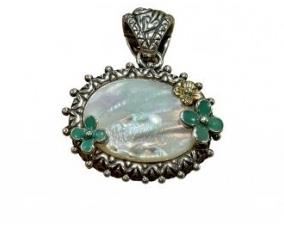 Lot # 33 
Barbara Bixby 18K Gold/925 Sterling Silver Mother Of Pear Pendant W/green Enameled Flowers.