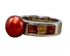 Lot # 38. Honora 925 Sterling Silver Ring With Fresh Water Pearls, Garnets & Citrine. Size 6.75