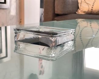 Two-Piece Eric Lee (Presteau Studios) Functional Art Glass & Chrome Cocktail Table with Flower Vase Insert. Measures 64" x 64" x 16.5" H. Each Section Measures 64" W x 32" W x 16.25" H. Photo 4 of 5.