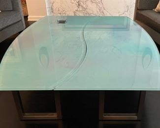 Two-Piece Eric Lee (Presteau Studios) Functional Art Glass & Chrome Cocktail Table with Flower Vase Insert. Measures 64" x 64" x 16.5" H. Each Section Measures 64" W x 32" W x 16.25" H. Photo 1 of 5.