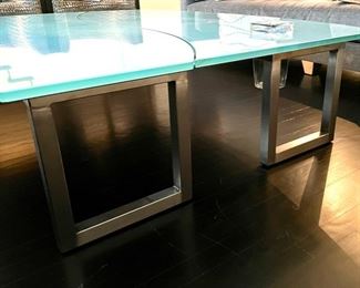 Two-Piece Eric Lee (Presteau Studios) Functional Art Glass & Chrome Cocktail Table with Flower Vase Insert. Measures 64" x 64" x 16.5" H. Each Section Measures 64" W x 32" W x 16.25" H. Photo 2 of 5.