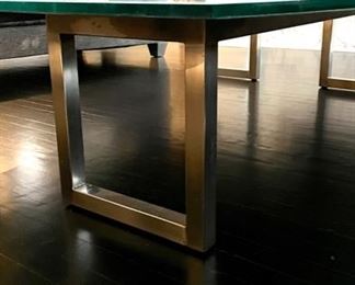 Two-Piece Eric Lee (Presteau Studios) Functional Art Glass & Chrome Cocktail Table with Flower Vase Insert. Measures 64" x 64" x 16.5" H. Each Section Measures 64" W x 32" W x 16.25" H. Photo 3 of 5.