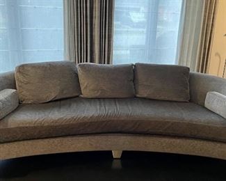 Interior Crafts Inc. Curved Sofa Upholstered in Osborn & Little Fabric (Designers Guild) - 2 Available. Seat Cushions: Foam with Poly Wrap. Back Cushions are 50/50 Down & Feather Blend. Each Measures 95" W x 35" D with an 18" Seat Height. Photo 1 of 5.