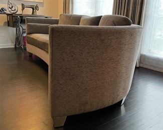 Interior Crafts Inc. Curved Sofa Upholstered in Osborn & Little Fabric (Designers Guild) - 2 Available. Seat Cushions: Foam with Poly Wrap. Back Cushions are 50/50 Down & Feather Blend. Each Measures 95" W x 35" D with an 18" Seat Height. Photo 2 of 5.